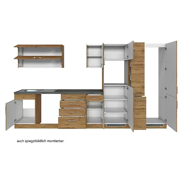 Held Möbel Küchenleerblock Barolo Typ 1 - Breite: 360 cm, Wotaneiche, Ohne Elektrogeräte, Wotaneiche - Modulare Küchenzeile mit hellbraunen Holzfronten, weißen Innenräumen und dunkler Arbeitsplatte mit Spüle. Mehrere Türen und Schubladen sind geöffnet.