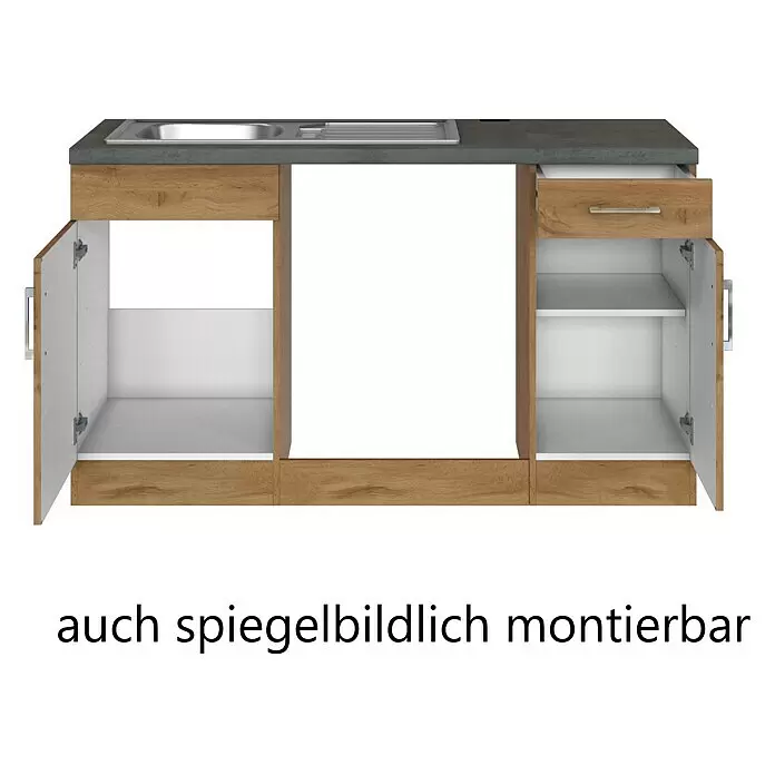 Held Möbel Winkelküche Barolo Typ 8 - B x T: 270 x 210 cm, Wotaneiche, Wotaneiche, Ohne Elektrogeräte - Wandelbarer Küchenunterschrank in Holzoptik mit grauer Arbeitsplatte, Spüle, linkem Schrank, mittiger Nische und rechtem Schubkasten mit Unterschrank.