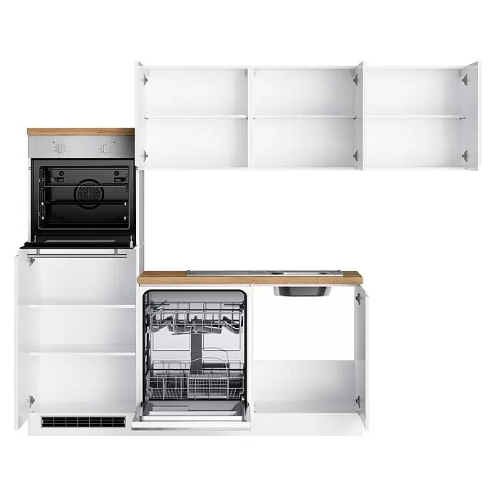 Held Möbel Winkelküche Treviso Typ 1 - B x T: 240 x 240 cm, Weiß, Dekor Arbeitsplatte: Holzoptik, Induktionskochfeld, Mit Elektrogeräten - Weiße Küchenzeile mit offenen Schränken, integriertem Edelstahl-Ofen, offener Spülmaschine und Spüle, mit Holz-Arbeitsplatte.