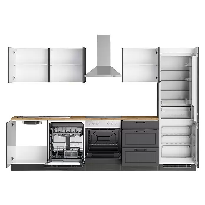Held Möbel Küchenzeile Padua Typ 3 - Breite: 300 cm, Grau, Mit Elektrogeräten - Moderne Küche: dunkelgraue Schränke, Holzplatte, Spüle, offener Geschirrspüler, offener Backofen, Kühlschrank, offene Oberschränke und Dunstabzugshaube.