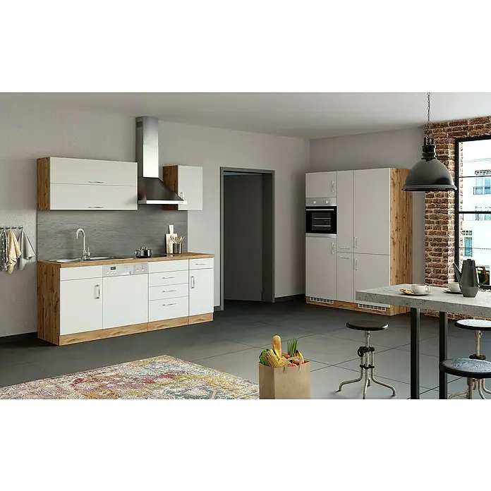 Held Möbel Küchenleerblock Barolo Typ 1 - Breite: 360 cm, Weiß, Ohne Elektrogeräte, Wotaneiche - Die Küche in diesem Bild ist mit modernen Schränken in Holz- und Weißtönen und einem Esstisch ausgestattet, der Platz zum Essen bietet.