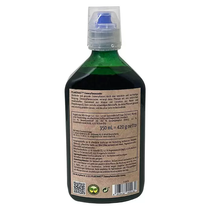 Schacht Pflanzenarzt Zimmerpflanzendünger Zimmerpflanzenzauber - 420 g, 350 ml - Grüne Flasche Pflanzen-Düngelösung mit Messkappe und Etikett.