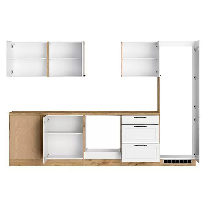 Held Möbel Küchenleerblock Padua Typ 2 - 240 x 300 cm, Weiß, Ohne Elektrogeräte - Moderne Küchenschränke und Schubladen mit weißen Fronten und hellen Holzdetails, teilweise geöffnet für Stauraum.