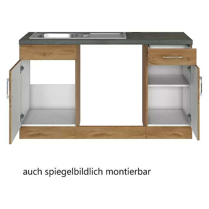 Held Möbel Winkelküche Barolo Typ 7 - B x T: 270 x 210 cm, Farbe Front: Wotaneiche, Wotaneiche, Ohne Elektrogeräte - Küchenunterschrank in Holzoptik mit grauer Arbeitsplatte, Spüle, offenen Türen und Schublade. Spiegelbildlich montierbar.