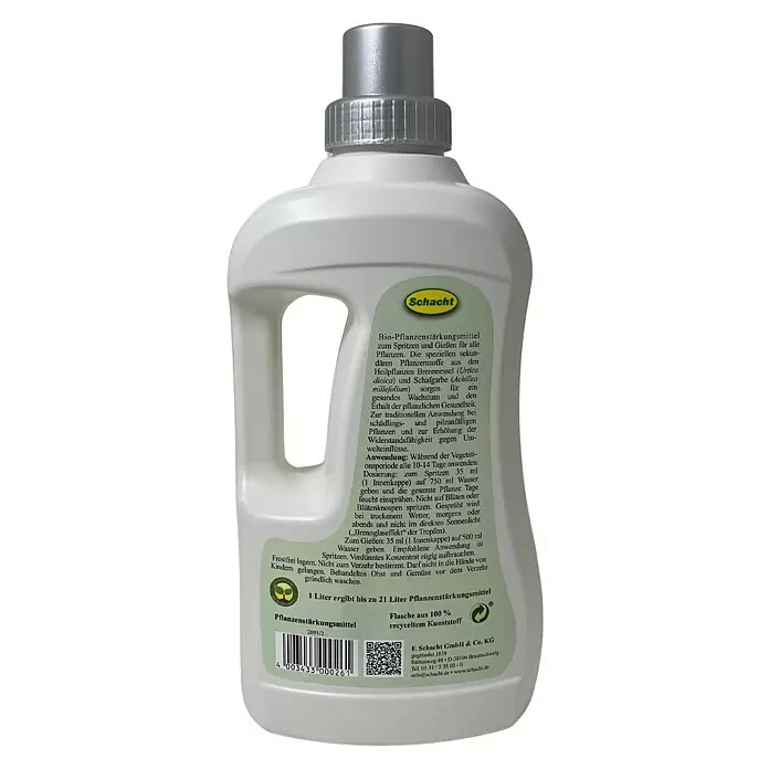 Schacht Pflanzenstärkungsmittel Brennessel - 1 l - Weiße Kunststoffflasche mit grauem Deckel für Bio-Pflanzenstärkungsmittel. Aus 100% recyceltem Kunststoff.