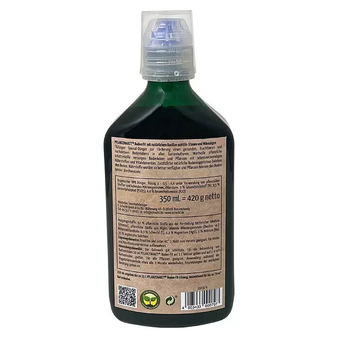 Schacht Pflanzenarzt Flüssigdünger Boden-Fit - 350 ml - Dunkelgrüne Flasche Flüssigdünger für Pflanzen mit transparenter Messkappe und braunem Etikett.