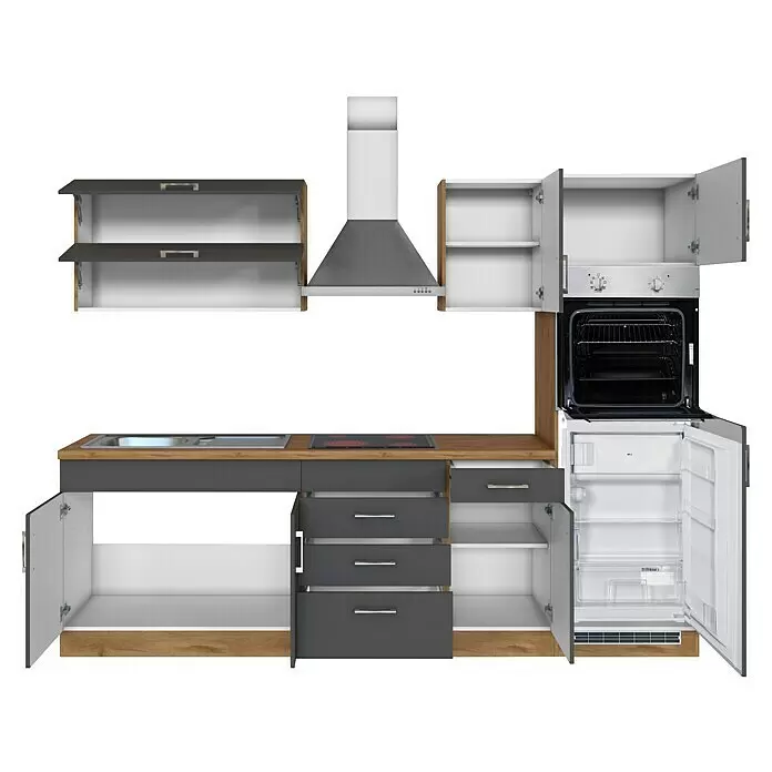Held Möbel Küchenzeile Barolo Typ 7 - Breite: 270 cm, Farbe Front: Anthrazit, Wotaneiche, Mit Elektrogeräten - Modulare Küchenzeile mit grauen Schränken, Holzoptik-Arbeitsplatte und Einbaugeräten. Türen und Schubladen sind geöffnet.