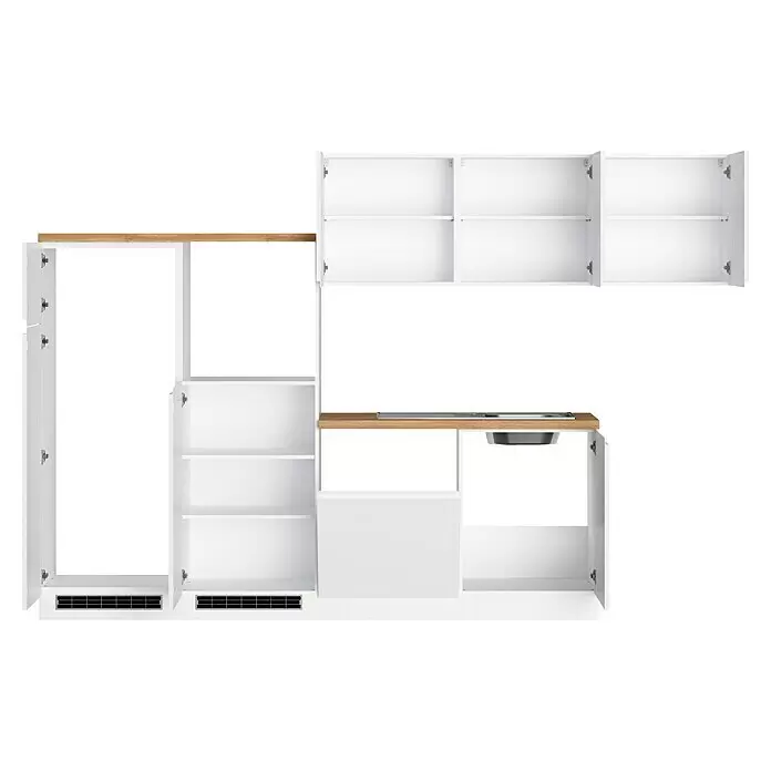 Held Möbel Küchenleerblock Treviso - 240 x 300 cm, Weiß, Dekor Arbeitsplatte: Holzoptik, Ohne Elektrogeräte, Für Einbaukühlschrank - Weiße Modulküche mit heller Holztheke, offenen Schränken, integriertem Spülbecken und Kochfeld.