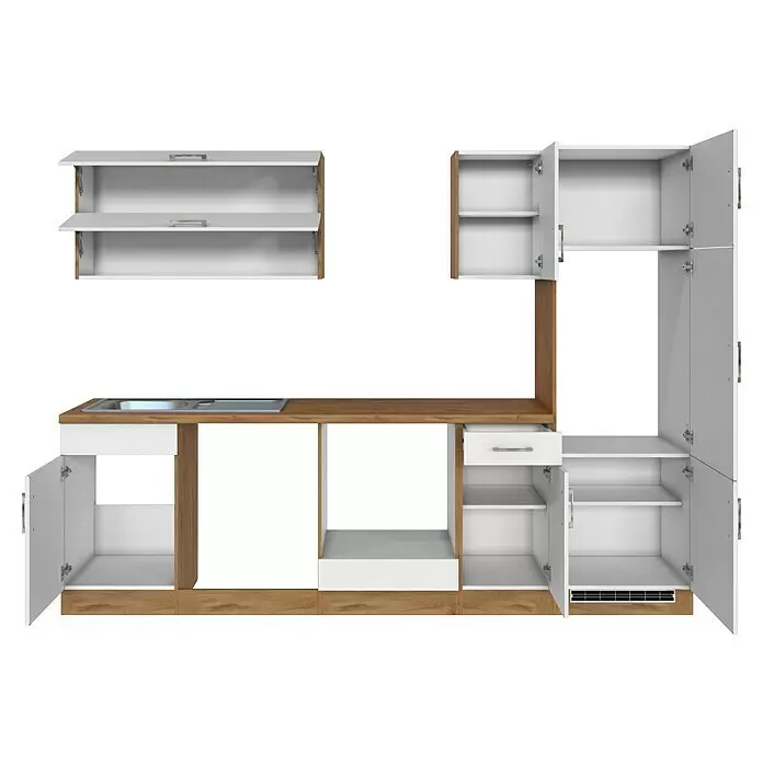 Held Möbel Küchenleerblock Barolo Typ 4 - Breite: 270 cm, Weiß, Farbe Korpus: Wotaneiche, Ohne Elektrogeräte - Modulare Küchenmöbel mit weißen Schränken, Holzplatte und Akzenten. Inklusive Ober- und Unterschränken, teils geöffnet, mit Spüle.
