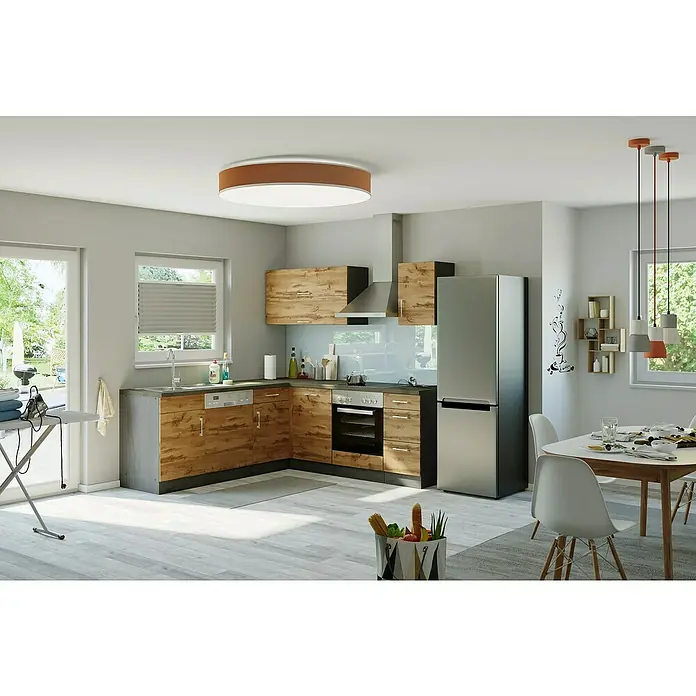 Held Möbel Winkelküche Barolo Typ 3 - B x T: 210 x 210 cm, Wotaneiche, Graphitgrau, Mit Elektrogeräten - Helles Küchendesign mit Holzfronten, einer Edelstahl-Kühl-Gefrierkombination und einer runden Deckenleuchte für eine gemütliche Atmosphäre.
