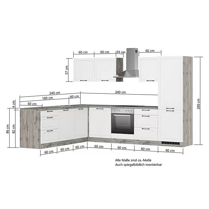 Held Möbel Winkelküche Padua Typ 3 - B x T: 300 x 240 cm, Weiß, Mit Elektrogeräten - L-förmige Küchenzeile mit weißen Türen, Holzoptik-Paneelen, integriertem Ofen/Kochfeld & Dunstabzugshaube. Maße angegeben.