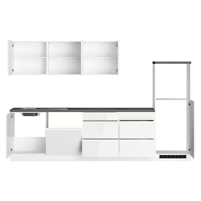 Held Möbel Küchenleerblock Treviso Typ 1 - Breite: 300 cm, Weiß, Dekor Arbeitsplatte: Betonoptik, Ohne Elektrogeräte, Für Side-by-Side Kühlschrank - Weiße Küchenzeile mit dunkelgrauer Arbeitsplatte, Oberschränken, Unterschränken mit Schubladen, Spüle und Hochschrank.