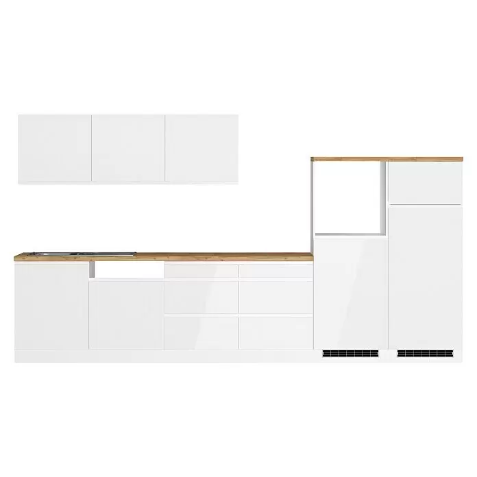 Held Möbel Küchenleerblock Treviso - Breite: 360 cm, Weiß, Dekor Arbeitsplatte: Holzoptik, Ohne Elektrogeräte, Für Einbaukühlschrank - Moderne weiße Küchenzeile mit Holz-Arbeitsplatte und integrierten Elementen.