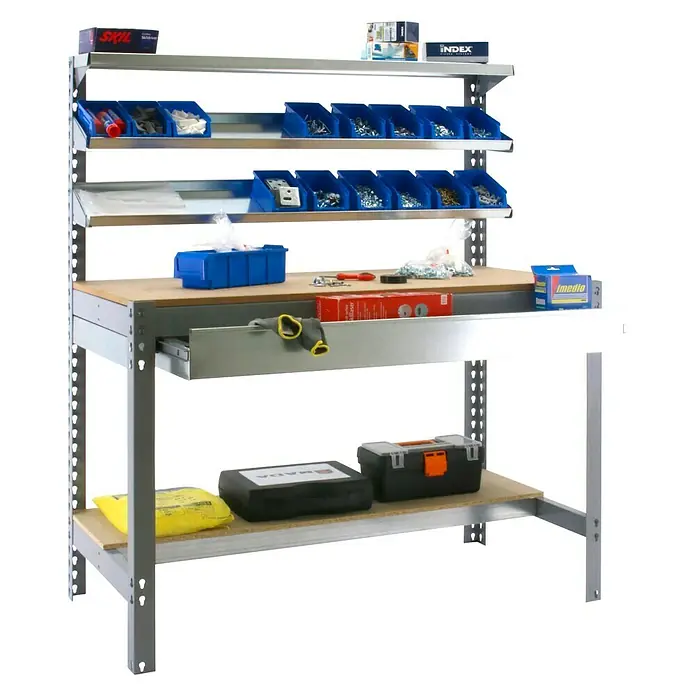 Simonrack Juego de banco de trabajo BT1 Box 121 con estantería Chipboard Ecoforte - Metal, 2 pzs. - Banco de trabajo con cajón, estantes y contenedores para herramientas y piezas pequeñas, perfecto para talleres y salas de ocio.
