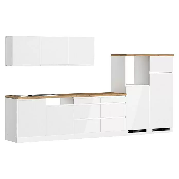 Held Möbel Küchenleerblock Treviso - Breite: 360 cm, Weiß, Dekor Arbeitsplatte: Holzoptik, Ohne Elektrogeräte, Für Einbaukühlschrank - Moderne weiße Hochglanz-Küchenzeile mit heller Holzoptik-Arbeitsplatte, integriertem Kochfeld und Hochschränken.