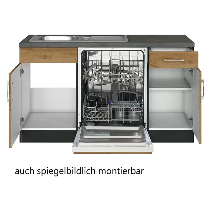 Held Möbel Winkelküche Barolo Typ 3 - B x T: 210 x 210 cm, Wotaneiche, Graphitgrau, Mit Elektrogeräten - Kompakte Küchenzeile mit Spüle, offenem Geschirrspüler und Schränken in Eichenoptik. Graue Arbeitsplatte.