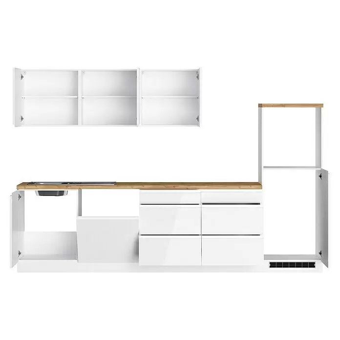 Held Möbel Küchenleerblock Treviso Typ 1 - Breite: 300 cm, Weiß, Dekor Arbeitsplatte: Holzoptik, Ohne Elektrogeräte, Für Side-by-Side Kühlschrank - Weiße Einbauküche mit offenen Schränken, Schubladen, Spüle und Kochfeld, ergänzt durch eine Holzarbeitsplatte und einen Hochschrank.