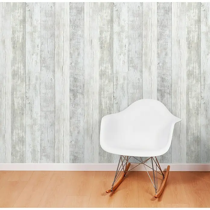 Grosfillex Panel de pared G Life Siberie - 260 x 35 cm, Pino gris - Mecedora blanca con patas cromadas y base de madera, diseño minimalista. Ideal para salones y dormitorios.