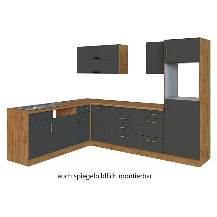 Held Möbel Winkelküche Barolo Typ 8 - B x T: 270 x 210 cm, Anthrazit, Wotaneiche, Ohne Elektrogeräte - Winkelküche mit dunkelgrauen Fronten, Arbeitsplatte und Seiten in Holzoptik, Spüle, Gerätenische. Spiegelbildliche Montage möglich.