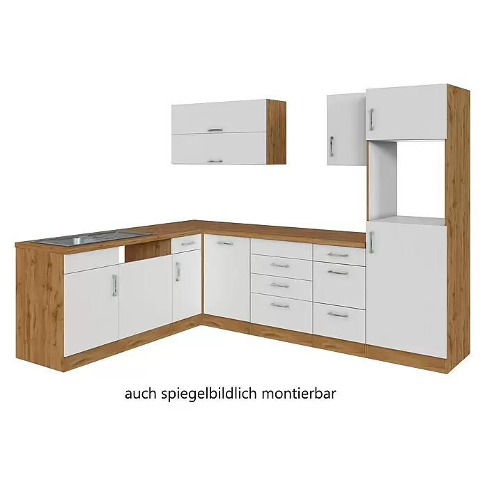 Held Möbel Winkelküche Barolo Typ 8 - B x T: 270 x 210 cm, Weiß, Wotaneiche, Ohne Elektrogeräte - L-förmige Küchenzeile mit weißen Fronten, Arbeitsplatte in Holzoptik, Spüle und Hängeschränken.