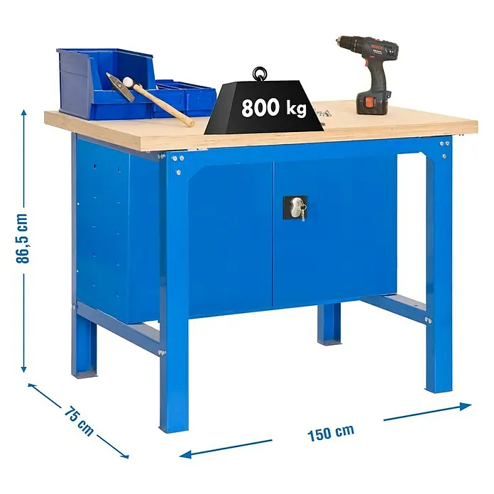 Simonrack Simonwork Banco de trabajo BT6 Cabinet - L x An: 75 x 150 cm, Altura de trabajo: 86,5 cm, Carga soportada: 600 kg, Azul - Banco de trabajo con cajones y almacenamiento de herramientas, construcción robusta.