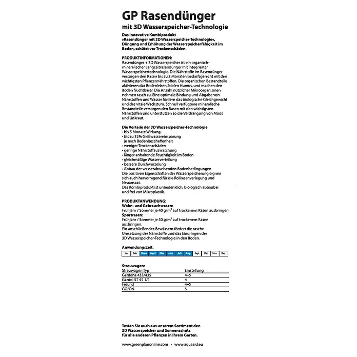GreenPlan Aqua Aid Rasendünger mit 3D Wasserspeicher-Technologie - 16 kg, Max. Anwendungsfläche: 400 m² - Produktbild von GP Rasendünger mit 3D Wasserspeicher-Technologie, ein Rasendünger mit Wasserspeicher, der den Rasen schützt und düngt.