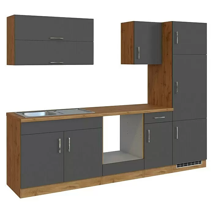Held Möbel Küchenleerblock Barolo Typ 3 - Breite: 270 cm, Anthrazit, Farbe Korpus: Wotaneiche, Ohne Elektrogeräte - Graue Küchenzeile mit hellen Holzfronten, integrierter Spüle, verschiedenen Schränken und Platz für ein Gerät.