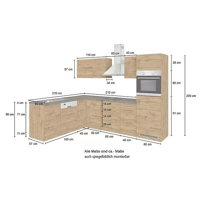 Held Möbel Winkelküche Barolo Typ 8 - B x T: 270 x 210 cm, Wotaneiche, Wotaneiche, Ohne Elektrogeräte - L-förmige Einbauküche in heller Holzoptik mit integrierten Geräten und Maßen.