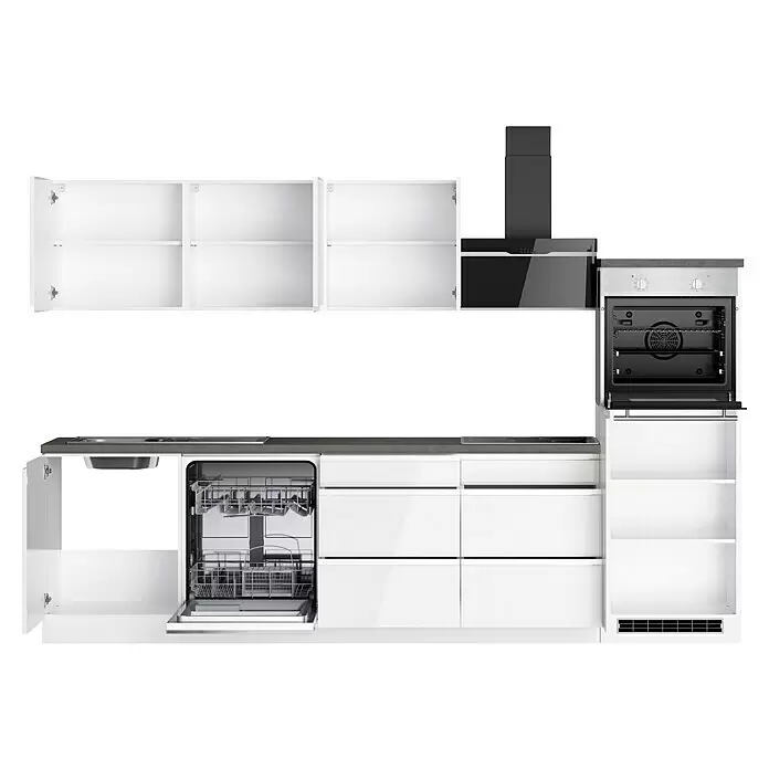 Held Möbel Küchenzeile Treviso Typ 1 - Breite: 300 cm, Weiß, Dekor Arbeitsplatte: Betonoptik, Induktionskochfeld, Mit Elektrogeräten - Moderne weiße Küche mit Einbaugeräten: offener Geschirrspüler, Ofen, Spüle, Dunstabzugshaube. Graue Arbeitsplatte, offene Schränke.