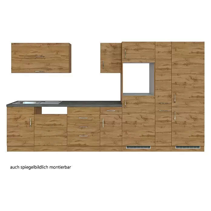 Held Möbel Küchenleerblock Barolo Typ 1 - Breite: 360 cm, Wotaneiche, Ohne Elektrogeräte, Wotaneiche - Helle Küchenzeile in Eichenoptik mit dunkelgrauer Arbeitsplatte, Spüle, Schränken und Schubladen. Spiegelsymmetrische Montage möglich.