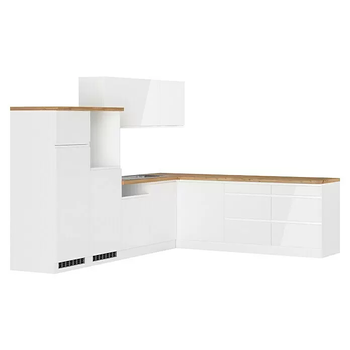 Held Möbel Küchenleerblock Treviso - 240 x 300 cm, Weiß, Dekor Arbeitsplatte: Holzoptik, Ohne Elektrogeräte, Für Einbaukühlschrank - L-förmige weiße Küchenzeile mit Holzplatte, integrierter Spüle und verschiedenen Schränken.