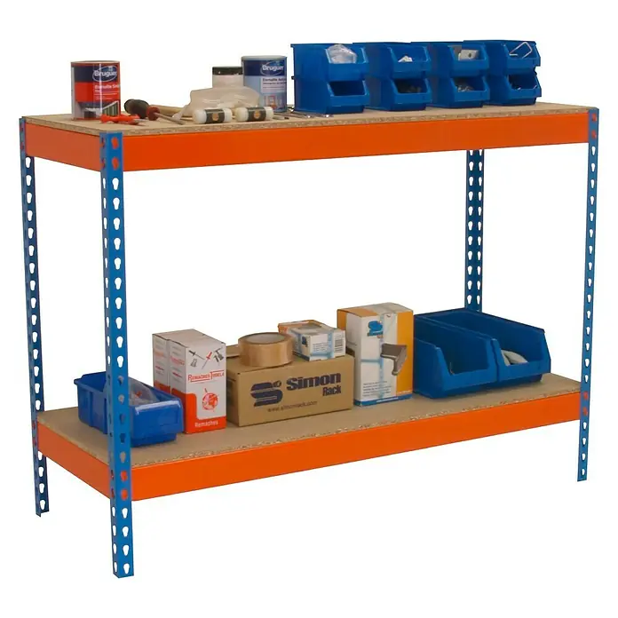 Simonrack Simonwork Werkbank Basic 2 - L x B: 76 x 180 cm, Arbeitshöhe: 90 cm, Belastbarkeit: 1.200 kg, Orange/Blau - Zweistufiges Lagerregal mit verschiedenen Behältern, Werkzeugen und Kisten. Ideal für Werkstatt oder Lagerraum zur Organisation von Gegenständen.