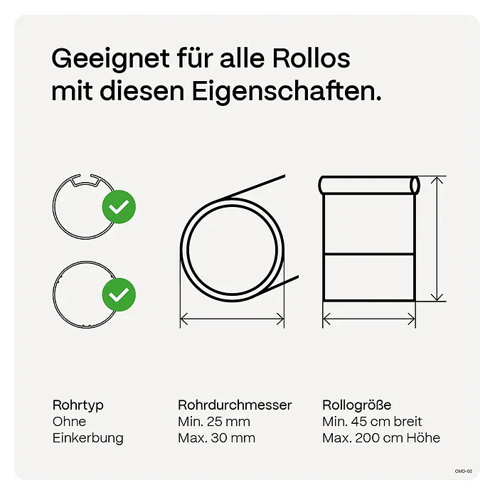 Rollo-Motor MotionBlinds CMD-02 Pull Upgrade Kit - Passend für: Rollos mit 25 -30 mm Rollowellendurchmesser - Bild mit den Eigenschaften der Rollos: Rohrtyp (ohne Einkerbung), Rohrdurchmesser (25–30 mm) und Rollengröße (45–200 cm).