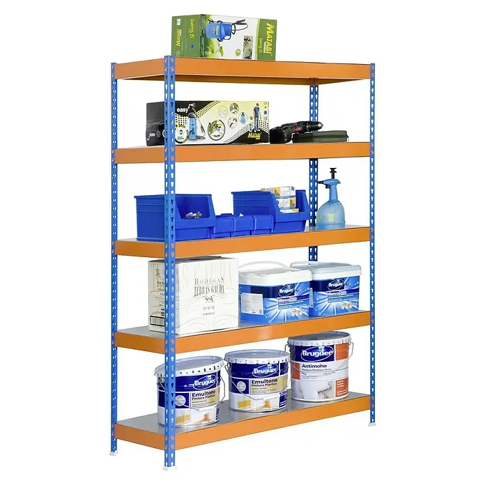 Simonrack Bricoforte Schwerlastregal Bricoforte Metall - H x B x T: 200 x 100 x 60 cm, Traglast pro Boden: 300 kg, Anzahl Böden: 5 Stk., Stecken, Blau/Orange - Lagerregal mit Matabi-Sprühgeräten, Bruguer-Farben und Bodegas Terras Gauda Wein.