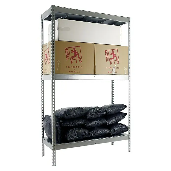 Simonrack Simonforte Schwerlastregal Simonforte Metall - H x B x T: 150 x 150 x 45 cm, Traglast pro Boden: 600 kg, Anzahl Böden: 3 Stk., Stecken, Silber/Silber - Ein graues Metallregal mit Kartons und schwarzen Säcken. Das Regal ist mit Kartons und mehreren schwarzen Säcken beladen.