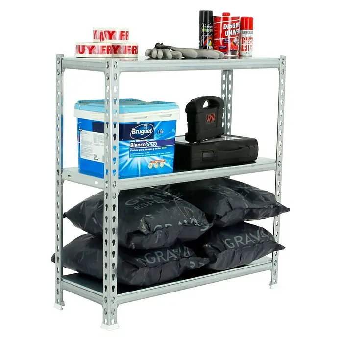 Simonrack Simonclick Metallregal Simonclick Plus - H x B x T: 90 x 100 x 50 cm, Traglast pro Boden: 180 kg, Anzahl Böden: 3 Stk., Stecken, Silber/Silber - Regal mit Farbe, Spraydosen, Werkzeugkasten und Säcken.