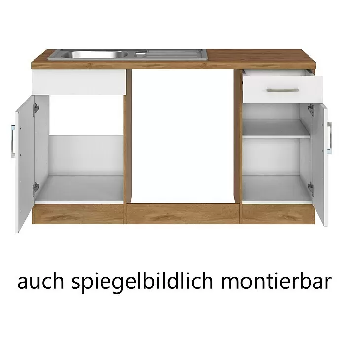 Held Möbel Winkelküche Barolo Typ 8 - B x T: 270 x 210 cm, Weiß, Wotaneiche, Ohne Elektrogeräte - Spiegelbildlich montierbarer Küchenunterschrank in Weiß-Holzoptik mit Spüle, offenen Türen und Schublade.