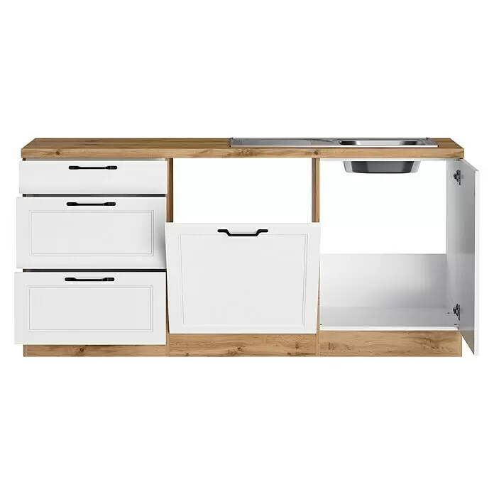 Held Möbel Küchenleerblock Padua Typ 2 - 240 x 240 cm, Weiß, Ohne Elektrogeräte - Weißer Küchenunterschrank mit Holzoptik-Details, Schubladen, einer Ausziehtür und einem Spülenschrank.