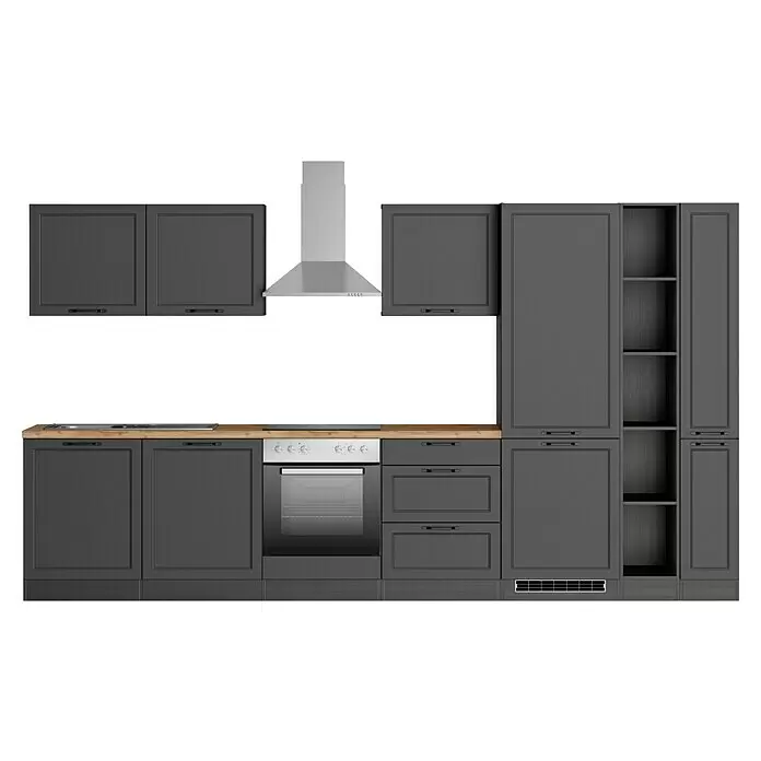 Held Möbel Küchenzeile Padua Typ 3 - Breite: 360 cm, Grau, Mit Elektrogeräten - Dunkelgraue Küchenschränke mit Holz-Arbeitsplatte, Einbaubackofen, Spüle, Dunstabzugshaube und offenen Regalen.
