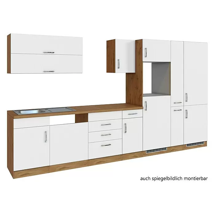 Held Möbel Küchenleerblock Barolo Typ 1 - Breite: 360 cm, Weiß, Ohne Elektrogeräte, Wotaneiche - Modulare Küchenzeile mit weißen Fronten und Holzoptik-Elementen, inklusive Spüle, Schubladen und Schränken.