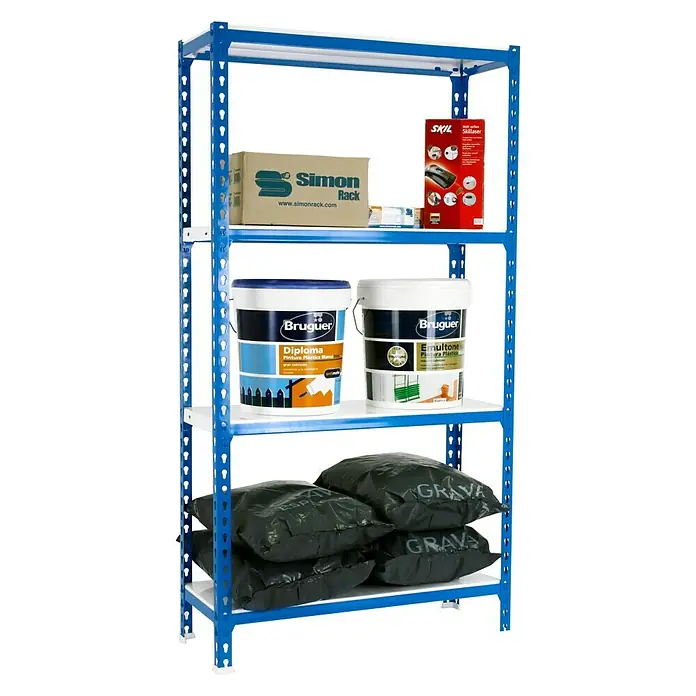 Simonrack Simonclick Metallregal Simonclick Mini - H x B x T: 150 x 80 x 50 cm, Traglast pro Boden: 180 kg, Anzahl Böden: 4 Stk., Stecken, Blau/Weiß - Das Bild zeigt ein blaues Metallregal mit vier Regalböden, beladen mit verschiedenen Gegenständen wie Farbe, Werkzeug und Sandsäcken.