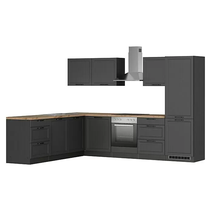 Held Möbel Winkelküche Padua Typ 3 - B x T: 300 x 240 cm, Grau, Mit Elektrogeräten - L-förmige Küche mit dunkelgrauen Schränken, heller Holztheke, integriertem Backofen, Kochfeld, Spüle und Dunstabzugshaube.