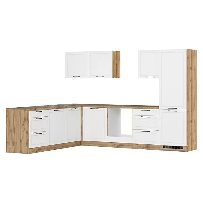 Held Möbel Küchenleerblock Padua Typ 2 - 240 x 300 cm, Weiß, Ohne Elektrogeräte - Moderne L-förmige Küchenschränke mit weißen Türen und heller Holzoptik-Rahmen/Arbeitsplatte, Spüle und Platz für Geräte.