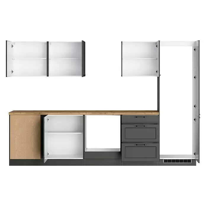 Held Möbel Küchenleerblock Padua Typ 2 - 240 x 300 cm, Grau, Ohne Elektrogeräte - Moderne Küchenschränke in Dunkelgrau mit weißen Innenräumen und heller Holzoptik-Arbeitsplatte, mit offenen Türen und Schubladen.