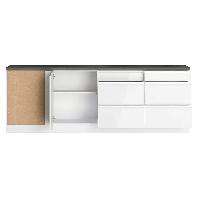 Held Möbel Küchenleerblock Treviso - 240 x 300 cm, Weiß, Dekor Arbeitsplatte: Betonoptik, Ohne Elektrogeräte, Für Einbaukühlschrank - Weißer Küchenunterschrank mit dunkelgrauer Arbeitsplatte, offene Tür zeigt hellbraunes Holzinterieur.