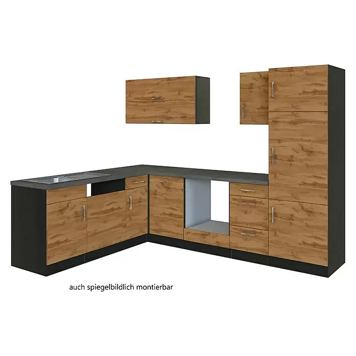 Held Möbel Winkelküche Barolo Typ 7 - B x T: 270 x 210 cm, Farbe Front: Wotaneiche, Graphitgrau, Ohne Elektrogeräte - L-förmige Küchenzeile mit Holzoptikfronten, dunkelgrauer Arbeitsplatte, Spüle, Unter-, Ober- und Hochschränken.