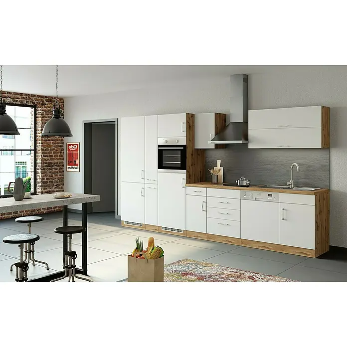 Held Möbel Küchenleerblock Barolo Typ 1 - Breite: 360 cm, Weiß, Ohne Elektrogeräte, Wotaneiche - Eine moderne Küche mit weißen Schränken und Holzakzenten, einschließlich eines eingebauten Ofens und einer stilvollen Dunstabzugshaube.