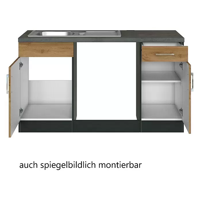Held Möbel Winkelküche Barolo Typ 7 - B x T: 270 x 210 cm, Farbe Front: Wotaneiche, Graphitgrau, Ohne Elektrogeräte - Wende-Küchenunterschrank mit Spüle, Holzdekor-Fronten, Schublade und Geräteraum.