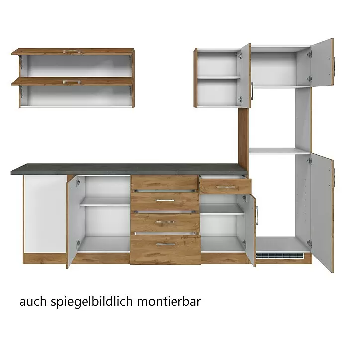 Held Möbel Winkelküche Barolo Typ 8 - B x T: 270 x 210 cm, Wotaneiche, Wotaneiche, Ohne Elektrogeräte - Modulare Küchenzeile in Holzoptik und Weiß mit grauer Arbeitsplatte, offenen Schränken und Schubladen mit silbernen Griffen.