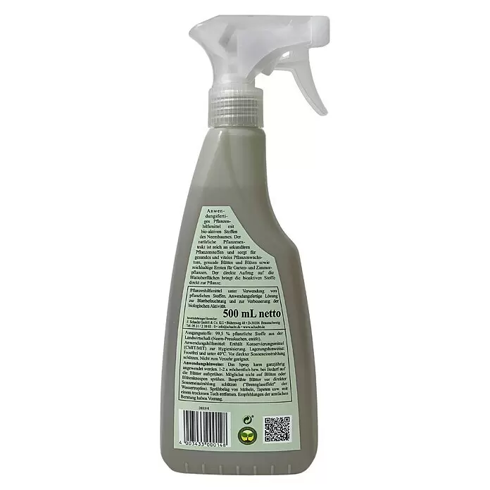 Schacht Pflanzenstärkungsmittel Neem - 500 ml - Hellgrüne Kunststoffsprühflasche für Pflanzen mit weißem Sprühkopf.
